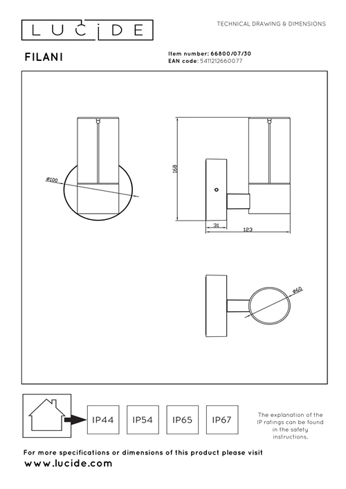 Lucide FILANI - Applique murale Intérieur/Extérieur - LED - 1x6,5W 2700K - IP54 - Noir | Essential - technique